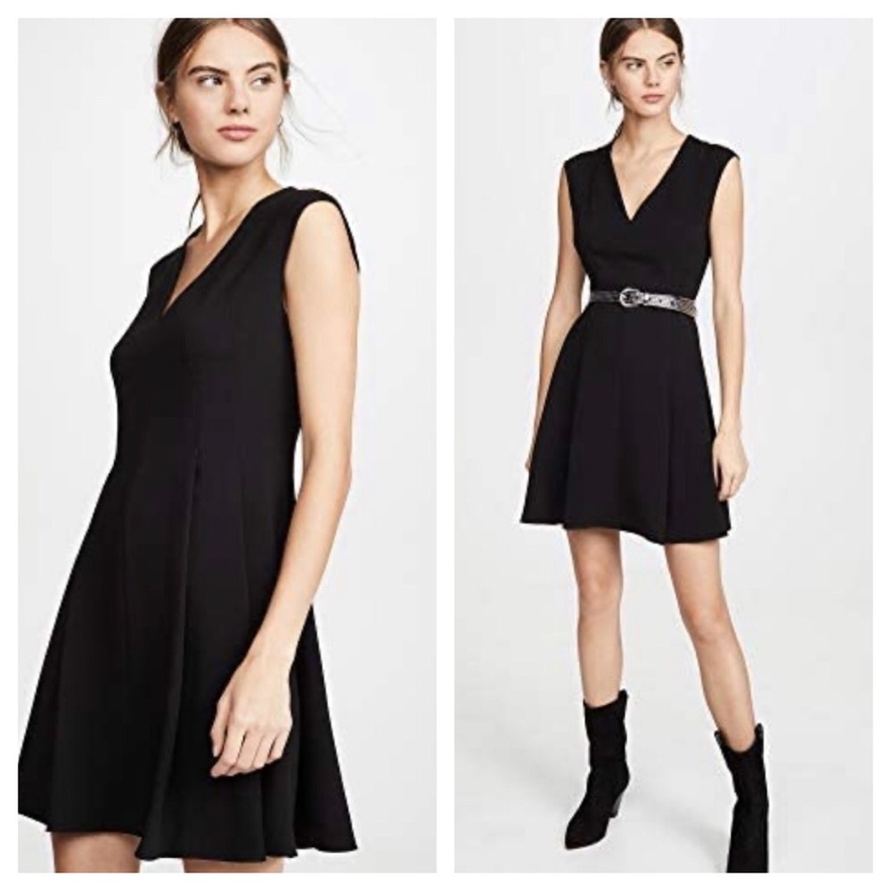 THEORY Pleated Cap Sleeve Dress Black V Neck Sz 0